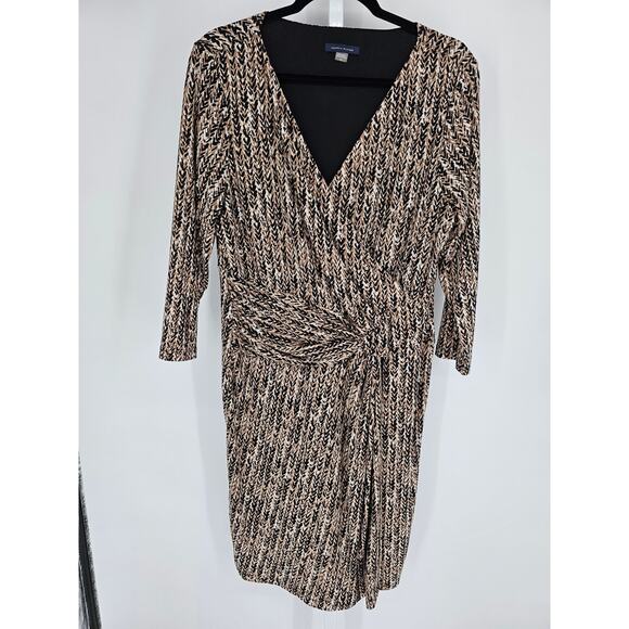 Tommy Hilfiger Womens Sz 14 Midi Length Dress Black Brown Tan V Neck - Picture 1 of 4